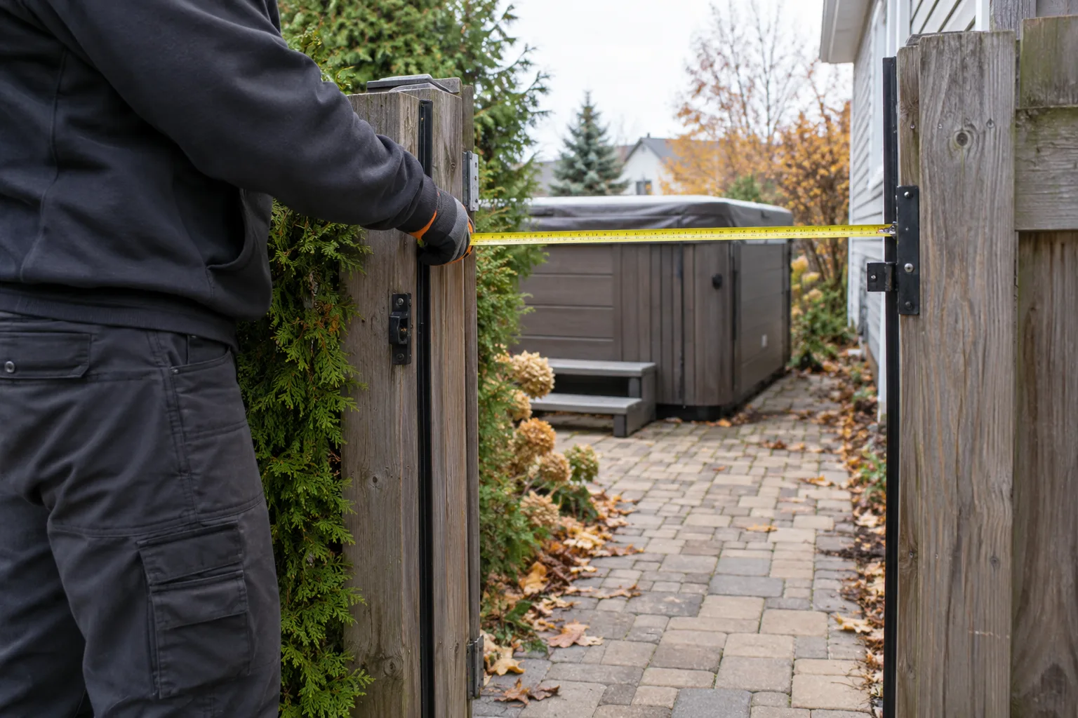 Worker measuring the clear width of a backyard gate