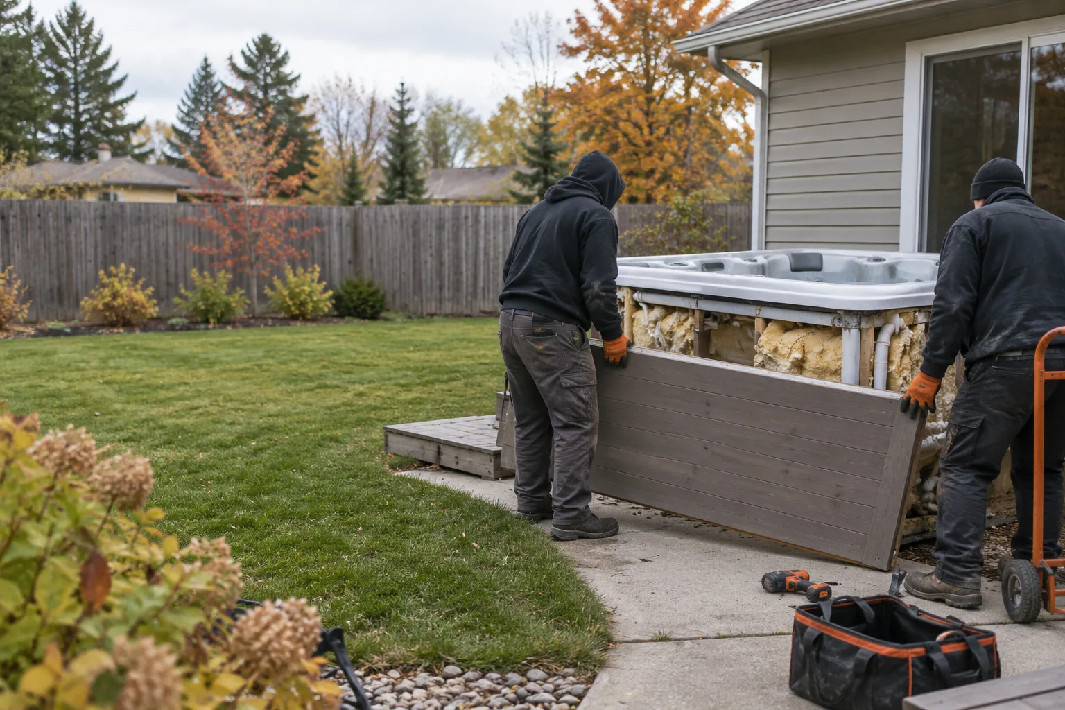 An old hot tub being prepared for removal from a residential backyard